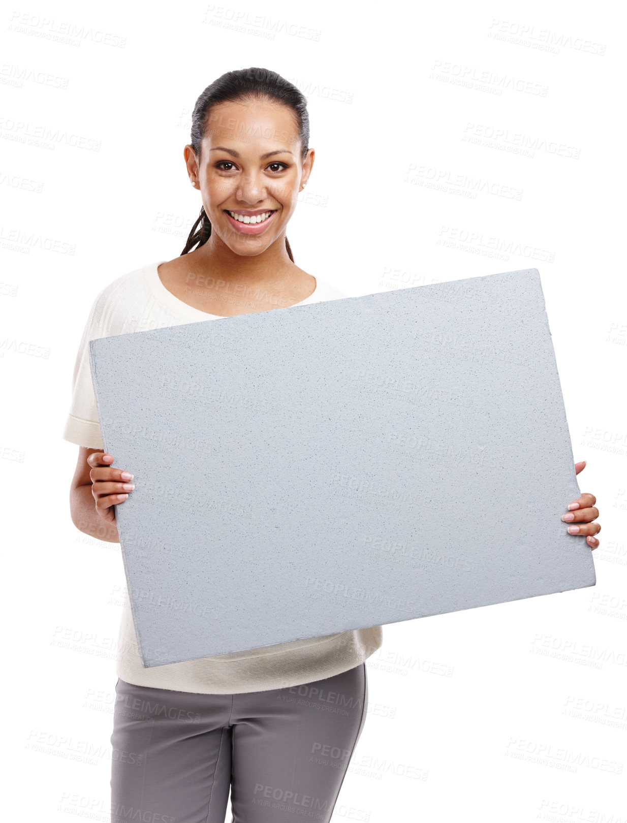 Buy stock photo Studio portrait, marketing poster and woman with smile, mockup and happy by white background. Isolated black woman, mock up billboard and happiness for blank paper board, branding or advertising sign