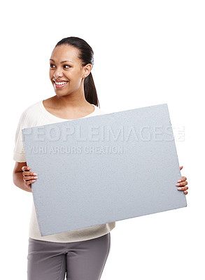 Buy stock photo Studio, mockup and woman with banner on a white background for announcement, information and message. Marketing, advertising and happy girl isolated with gray poster for branding, logo and copy space