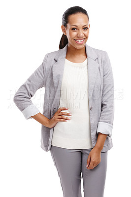 Buy stock photo Woman, smile and portrait for career, corporate planning and project management for business on white background. Indian lady, editor or consultant isolated with ambition for work or job in studio