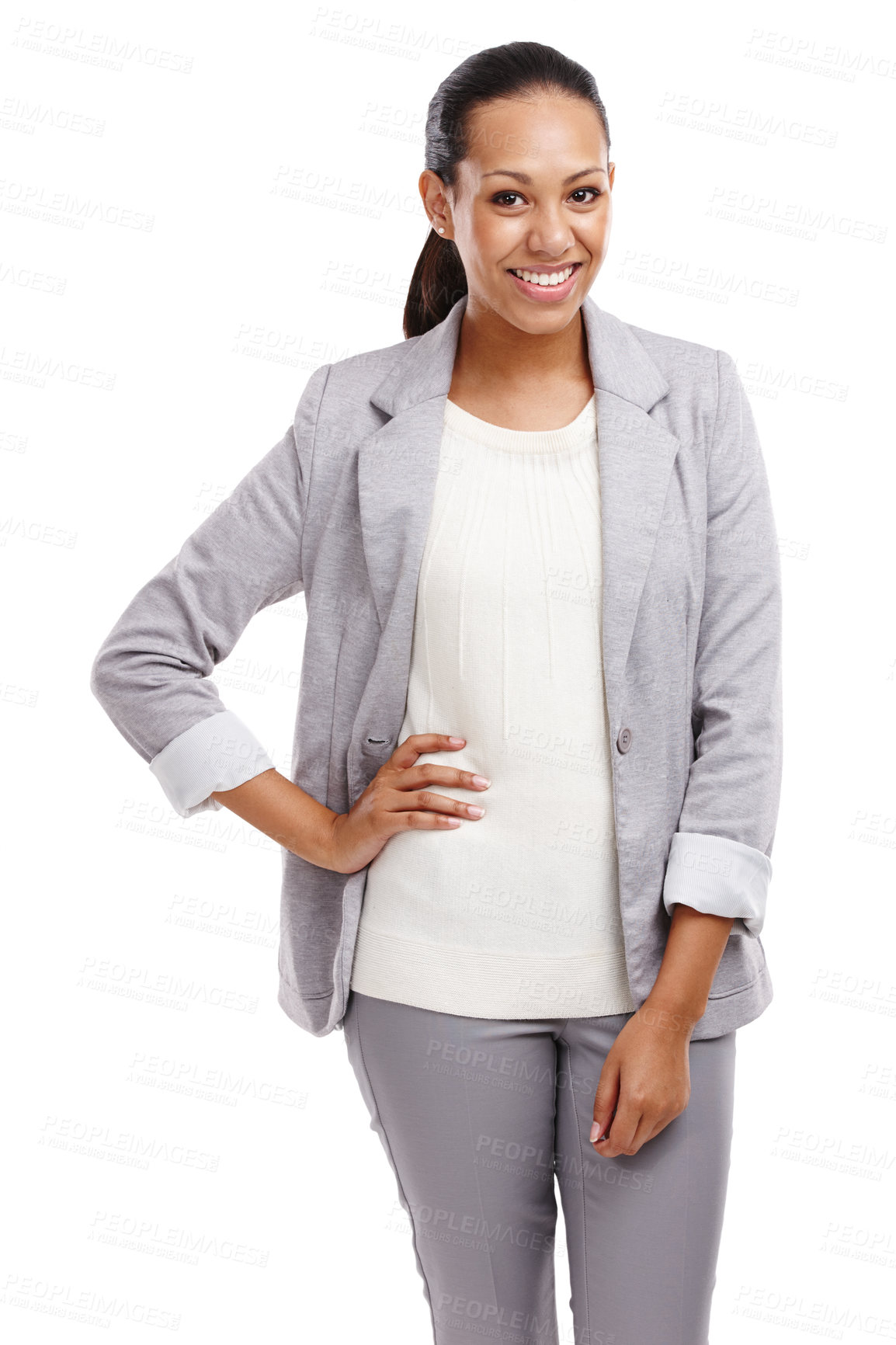 Buy stock photo Woman, smile and portrait for career, corporate planning and project management for business on white background. Indian lady, editor or consultant isolated with ambition for work or job in studio