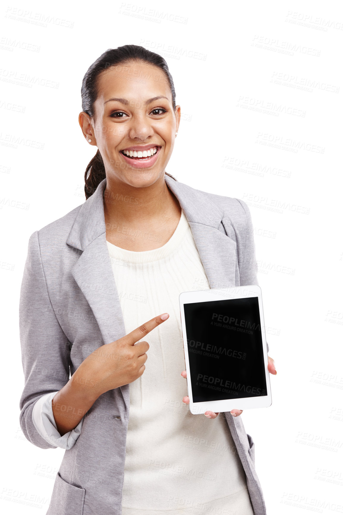 Buy stock photo Woman, studio and pointing to tablet for social media, technology and web advertising. Internet connection, female person and gesture isolated on white background for promotions, graphic design.