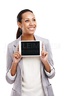 Buy stock photo Woman, tablet screen and advertising in studio for social media, technology or web development. Internet connection, female person, thinking isolated on white for promotions, design and mockup space.