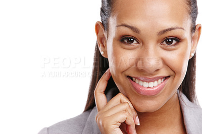 Buy stock photo Black woman, smile and portrait for career, corporate planning and project management for business on white background. African lady or consultant isolated with ambition for work or job on mockup