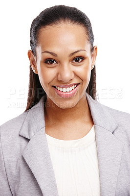 Buy stock photo Portrait of a beautiful young woman standing in a studio-isolated on white 