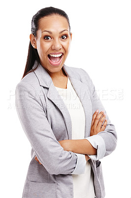 Buy stock photo Woman, excited and portrait for career, corporate planning and project management for business on white background. African lady or consultant isolated with cheerful facial expression for company