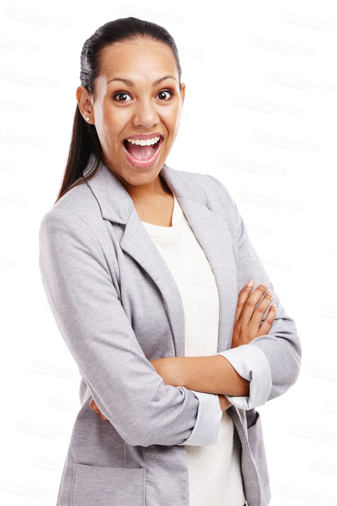 Buy stock photo Woman, excited and portrait for career, corporate planning and project management for business on white background. African lady or consultant isolated with cheerful facial expression for company