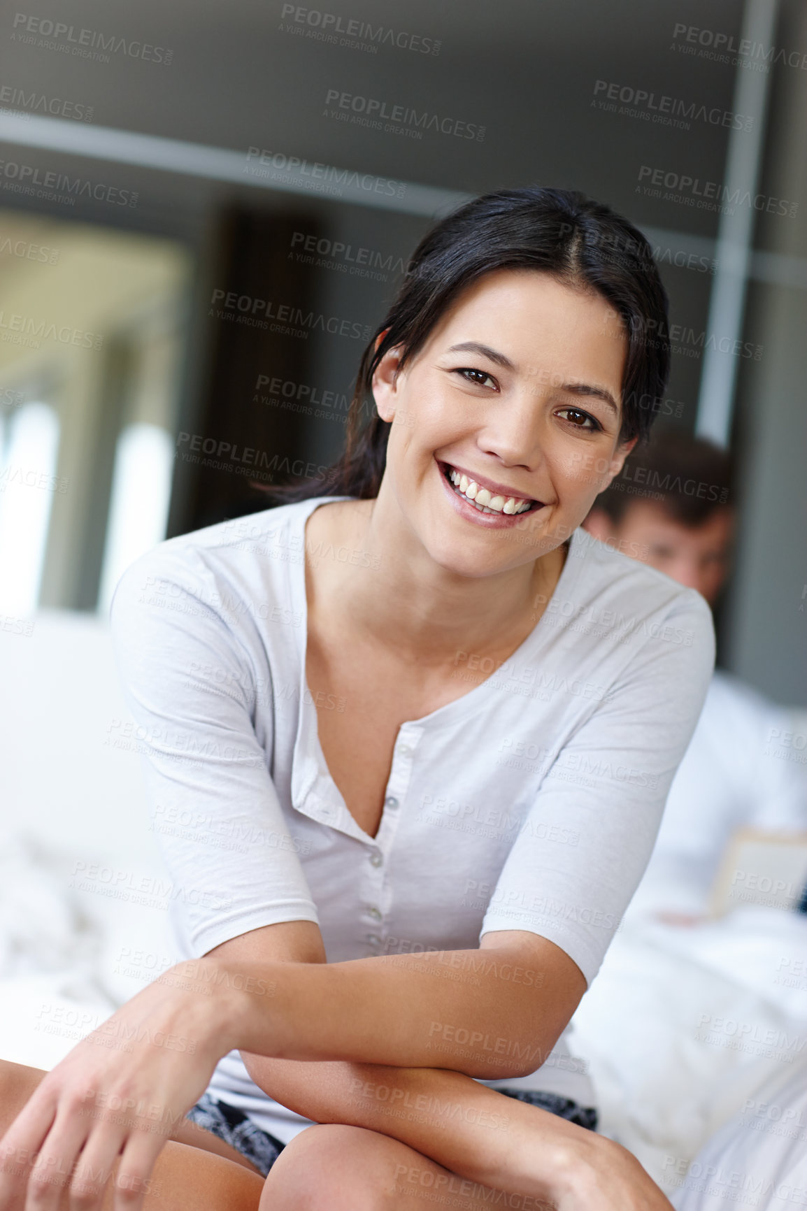 Buy stock photo Woman, happy and portrait in bedroom in house with smile for vacation, marriage and love. Female person, couple and confidence together in apartment with bed in morning for relax, break and holiday