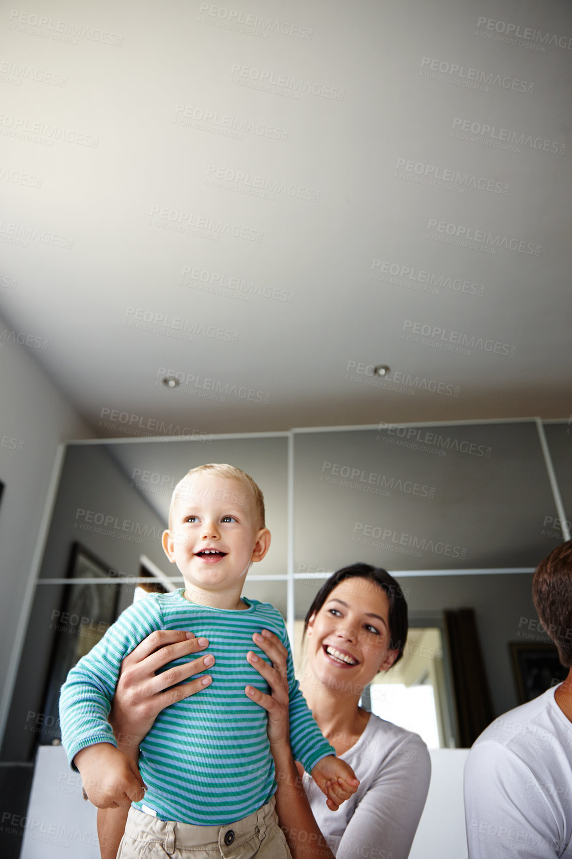 Buy stock photo Mother, baby and bonding in home on couch for child development with love, togetherness and smile. Family, attachment and together in lounge on sofa with happiness in house with growing relationship