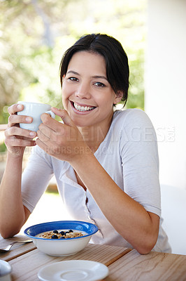 Buy stock photo Woman, portrait and morning tea in outdoors, breakfast and relax on weekend trip in nature. Happy female person, drinking coffee and peace or calm on porch, smile and travel on vacation or holiday