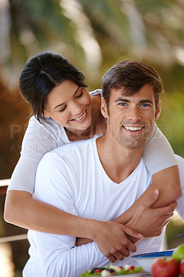 Buy stock photo Happy, couple and hug in portrait for marriage with breakfast outdoors in nature. Man and woman in love for trust and support in relationship with salad and healthy food to relax on honeymoon