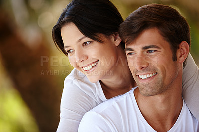 Buy stock photo Couple, piggyback and outdoors together for bonding, love and affection in marriage or romance in nature. People, game and play in embrace for healthy relationship, commitment and relax on vacation