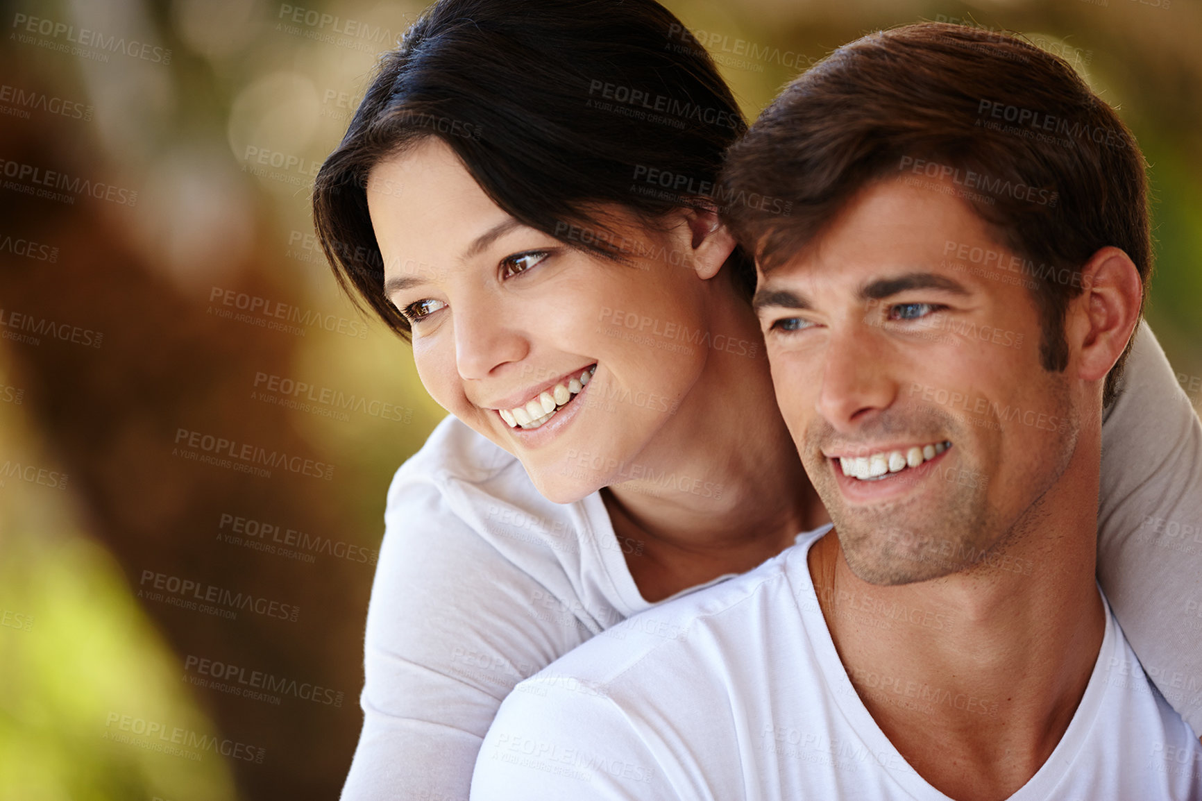 Buy stock photo Couple, piggyback and outdoors together for bonding, love and affection in marriage or romance in nature. People, game and play in embrace for healthy relationship, commitment and relax on vacation