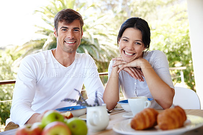 Buy stock photo Couple, balcony and outdoor portrait for meal, love and affection in marriage or romance in nature. People, nutrition and smile at breakfast for healthy relationship, food and relax on vacation