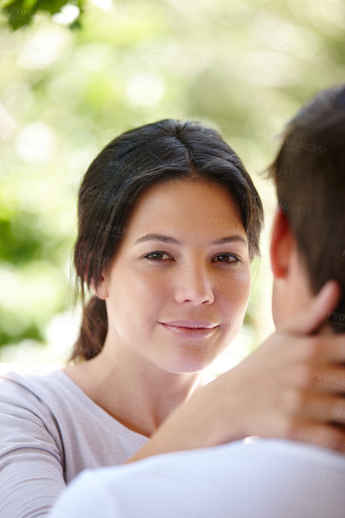 Buy stock photo Couple, embrace and outdoors together in portrait, love and affection in marriage or romance in nature. People, support and smile in hug for healthy relationship, commitment and relax on vacation