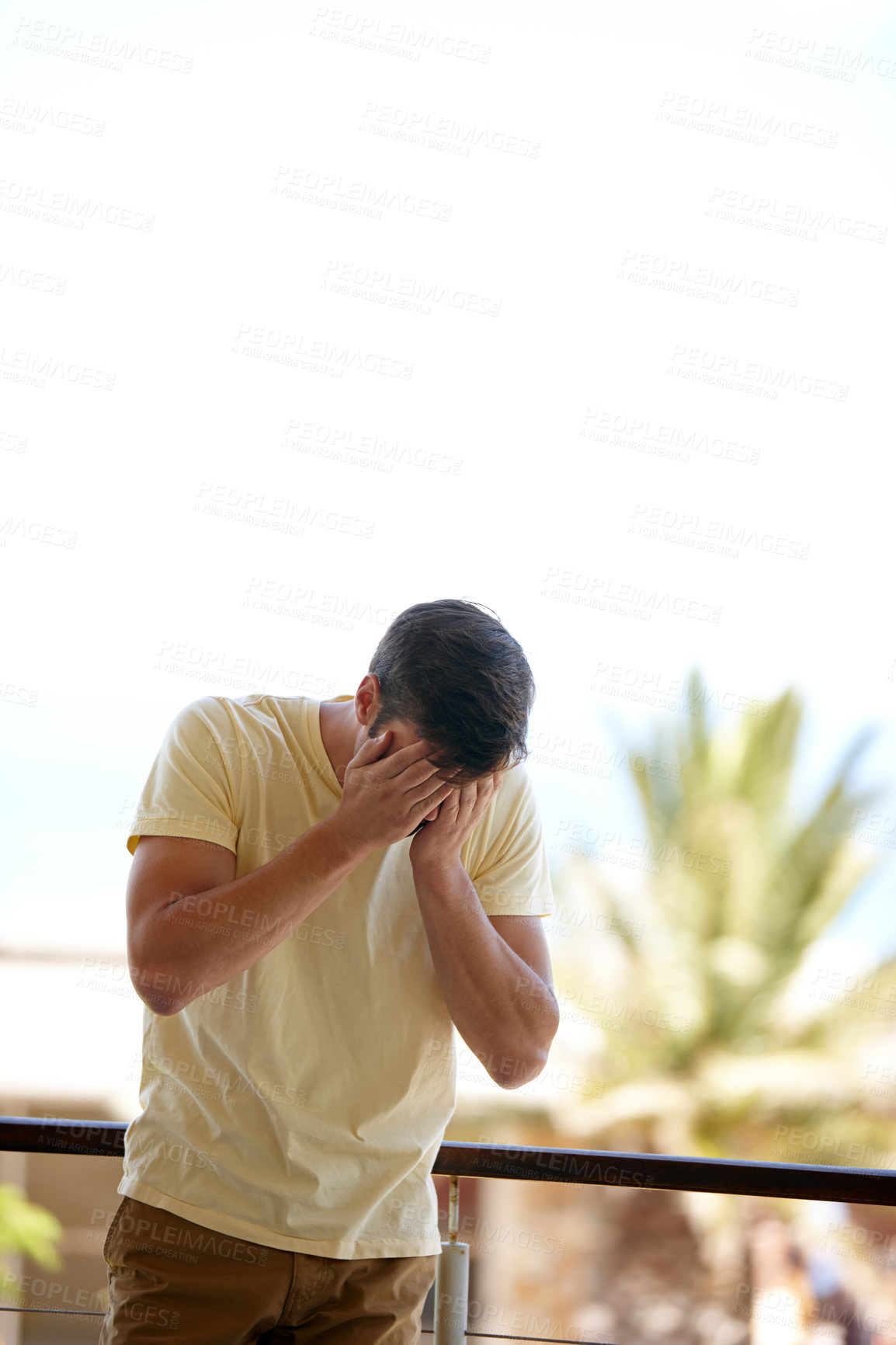 Buy stock photo Man, stress and mental health with sadness on balcony for failure, loss or mistake in depression or debt at home. Frustrated male person, tired or disappointment with headache in financial crisis