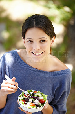 Buy stock photo Portrait, woman and salad in outdoor for diet, nutrition and healthy eating. Green vegetables, vegan and face of happy female person in garden for detox with organic food, vitamins and wellbeing