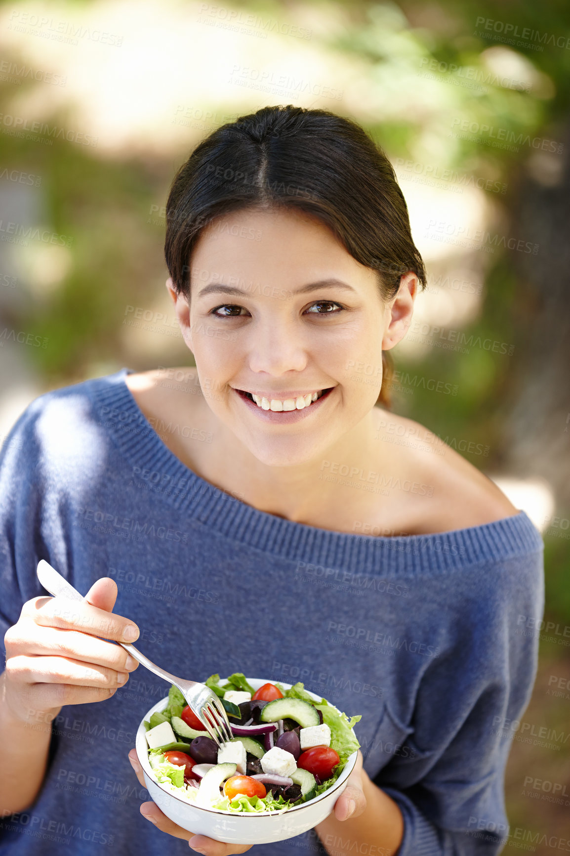 Buy stock photo Portrait, woman and salad in outdoor for diet, nutrition and healthy eating. Green vegetables, vegan and face of happy female person in garden for detox with organic food, vitamins and wellbeing