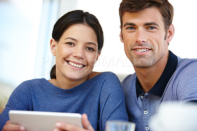 Buy stock photo Couple, tablet and portrait for streaming, social media online  and app for happy and relax in home. Boyfriend, girlfriend and digital tech for networking together with internet and web for connect