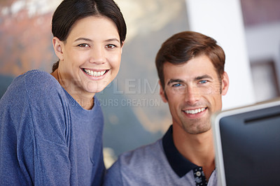 Buy stock photo Man, woman and portrait with computer for internet, email and communication for for remote work in startup business. People, teamwork and partnership in house, living room and home with technology