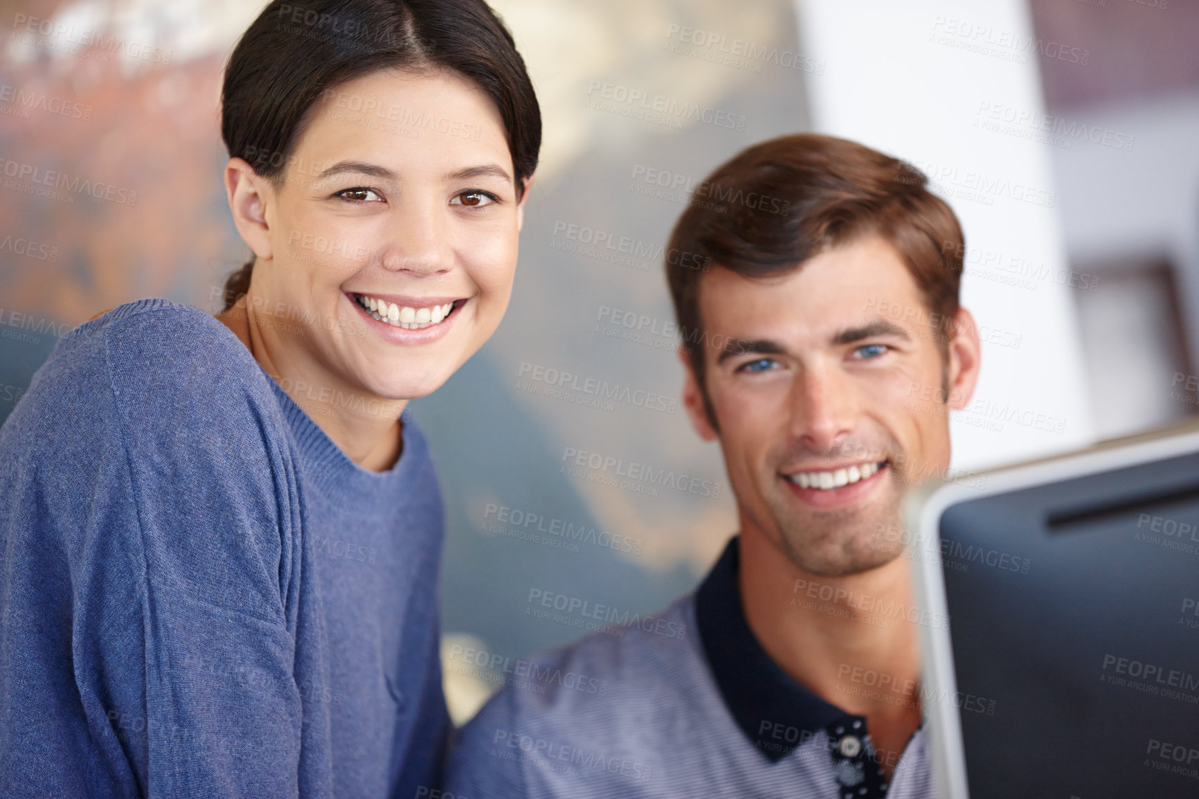 Buy stock photo Man, woman and portrait with computer for internet, email and communication for for remote work in startup business. People, teamwork and partnership in house, living room and home with technology