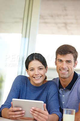 Buy stock photo Couple, tablet and happy in house with portrait for movie, film and online streaming. Man, technology and woman with smile in home living room for social media, internet and website or news video