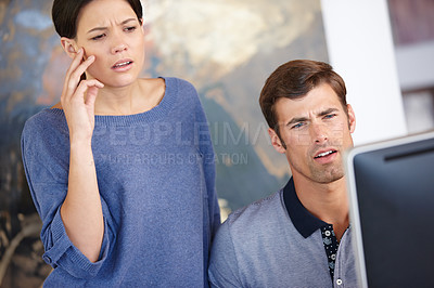 Buy stock photo Man, woman and confused with computer for email, internet and thinking for for remote work in startup business. People, teamwork or partnership in house, living room or home with vision by technology