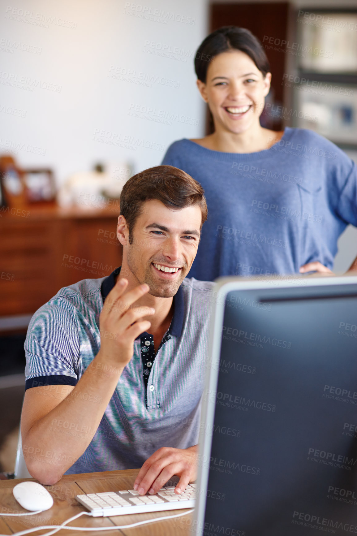 Buy stock photo Happy couple, computer and funny in home office for connectivity with online conversation, joke and laugh together. Smiling man, woman and tech for desktop in house with video call and communication