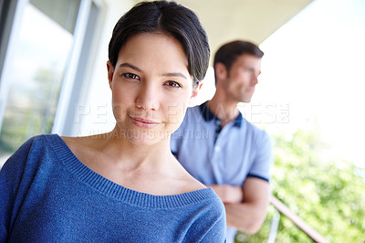 Buy stock photo Portrait, woman and smile in outdoor for relationship bond with love, partnership and together. Thoughtful, smiling and face of female person for dating on balcony with home, positive and confidence