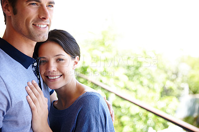 Buy stock photo Couple, portrait and happy in hug, support and love for relationship, together and bonding. Woman, man and hugging with smile, romance and closeness in outdoors, holding and embracing for memories