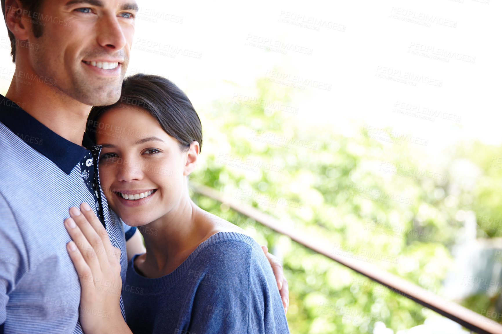 Buy stock photo Couple, portrait and happy in hug, support and love for relationship, together and bonding. Woman, man and hugging with smile, romance and closeness in outdoors, holding and embracing for memories