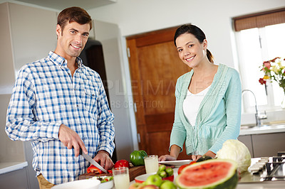 Buy stock photo Couple, smile and portrait in kitchen with vegetable and fruit for food, cooking together and love for healthy meal for detox. Man, woman and happy in house with ingredients for nutrition lunch
