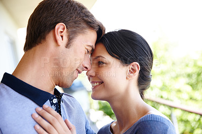 Buy stock photo Young couple, intimacy and happy in hug, support and love for relationship, together and bonding. Female person, hugging and smile with romance, closeness and outdoors in holding, embracing and care