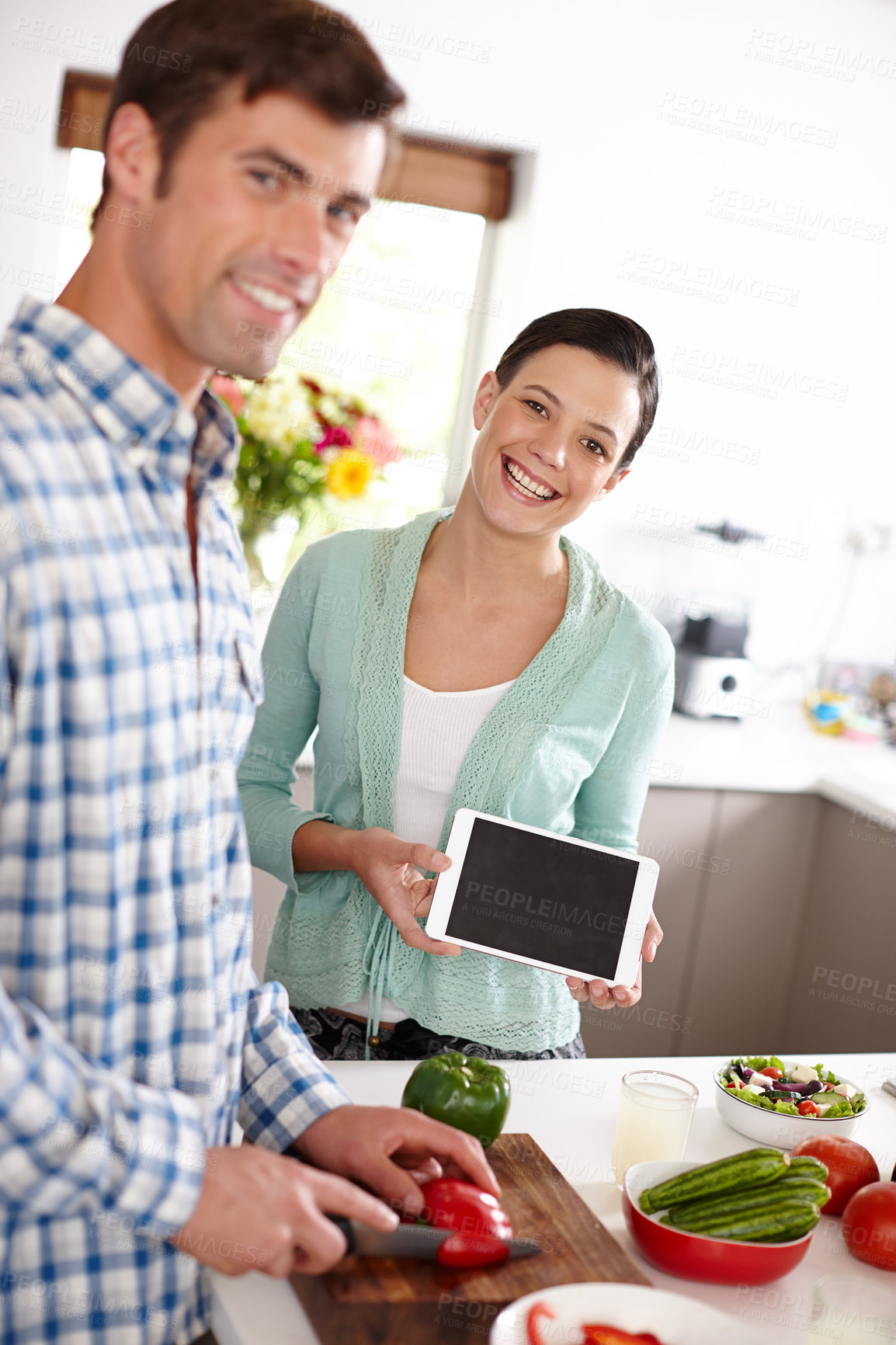 Buy stock photo Couple, tablet screen and portrait with vegetable for cooking, presentation and advertising for healthy meal. Boyfriend, girlfriend and together with tech and ingredients for brand, service or logo