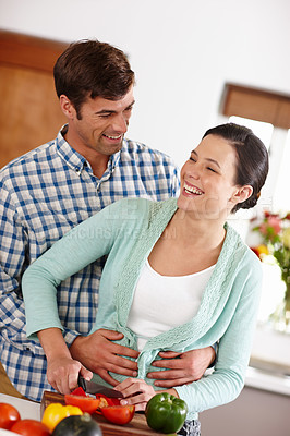 Buy stock photo Couple, smile and kitchen with vegetables for food, cooking together and love for healthy meal for lunch. Boyfriend, girlfriend and happy in house with ingredients for supper, partnership and support