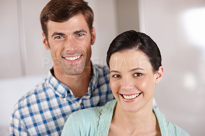 Buy stock photo Couple, smile and portrait for relationship, partnership and care for happy, love and relax in home. Boyfriend, girlfriend and young people in house for support, dating and bonding together for break