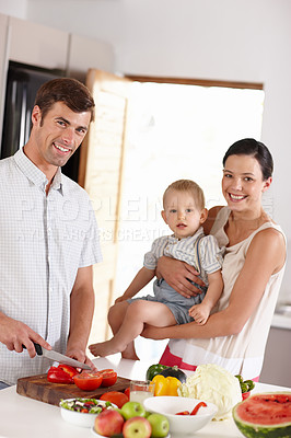 Buy stock photo Mom, father and child in kitchen portrait for eating fruits, vegetables or healthy food. Happy, people or family home together cooking meal for nutrition, development or teaching diet and wellness