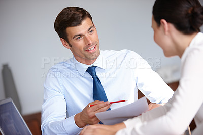 Buy stock photo Colleagues, negotiate and discuss paperwork for partnership, employment and collaboration on project. Hr, employee or applicant meet for job, teamwork and business negotiation to read contract