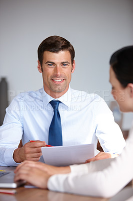 Buy stock photo Man, hr and contract happy in portrait for job interview, negotiation or discussion of employment. Businessman, smiling and meeting colleague in office for deal, partnership or teamwork documentation