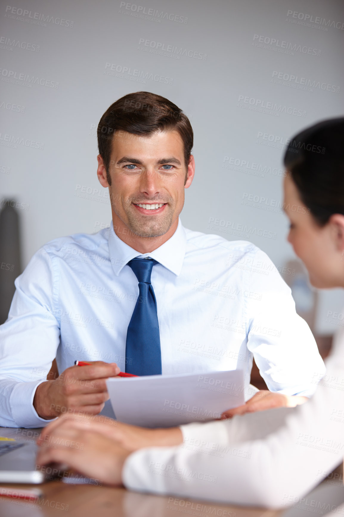 Buy stock photo Man, hr and contract happy in portrait for job interview, negotiation or discussion of employment. Businessman, smiling and meeting colleague in office for deal, partnership or teamwork documentation