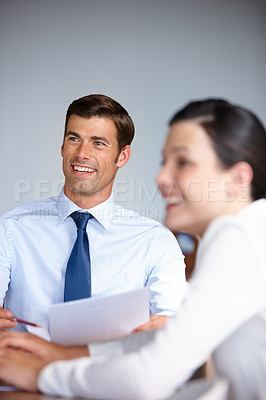 Buy stock photo Colleagues, deal or contract check happy for partnership, employment and collaboration on project. Hr, employee or applicant meet for job interview, business negotiation or to read paperwork