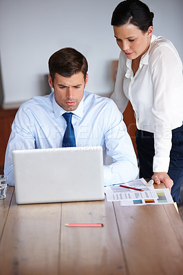 Buy stock photo Woman, help and mentor of man with laptop in training and learning software for project in office. Professional, coaching and teamwork on computer with spreadsheet, document and online data analysis
