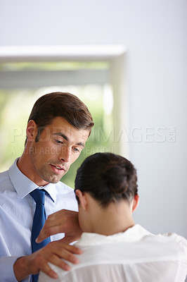 Buy stock photo Woman, crying and man comforting for job loss, termination or conclusion of work for company. Business people, in communication or conversation for career empathy, emotional support or dismissal