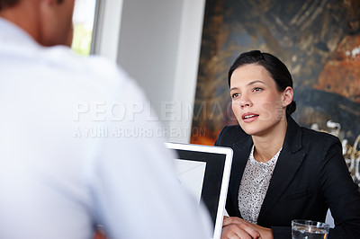 Buy stock photo Businesswoman, meeting or job interview in office boardroom with human resources, recruitment or hiring managers. Happy, corporate worker, employee or hr candidate talking with boss or leadership