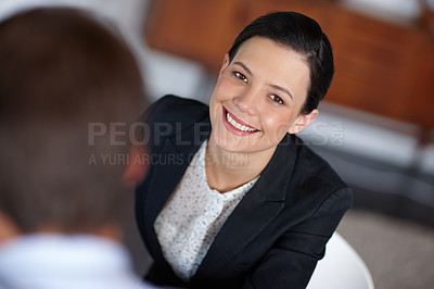Buy stock photo Portrait, businesswoman and office for job interview for application, vacancy and hiring of corporate company. Happy, confident woman and discussion meeting in formal attire for recruiting process