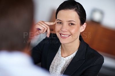 Buy stock photo Businesswoman and smile in portrait, meeting in office for job opportunity. Happy, woman and discussion, conversation or communication for new career or position with growth in professional workplace