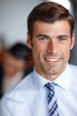 Buy stock photo Portrait, businessman and smile with shirt in office for company, employee and working. Happiness, corporate  and face of male person with tie in workplace for professional career, formal and suit