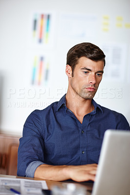 Buy stock photo Businessman, office and typing on laptop at desk for strategy, planning, and information on digital technology for project. Professional, person and working on computer for finance report on company