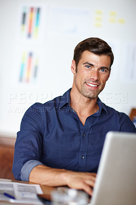 Buy stock photo Portrait, businessman and office typing on laptop at desk for strategy, planning, and information for project proposal. Professional, person and working on computer for finance report on company