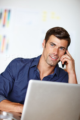 Buy stock photo Thinking, businessman and phone call in office on laptop at desk for planning, and information for project proposal. Professional, person and working on computer for finance report on company