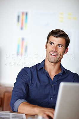 Buy stock photo Happy, businessman and office typing on laptop at desk for strategy, planning and information for proposal project. Professional, person and working on computer for finance report on company